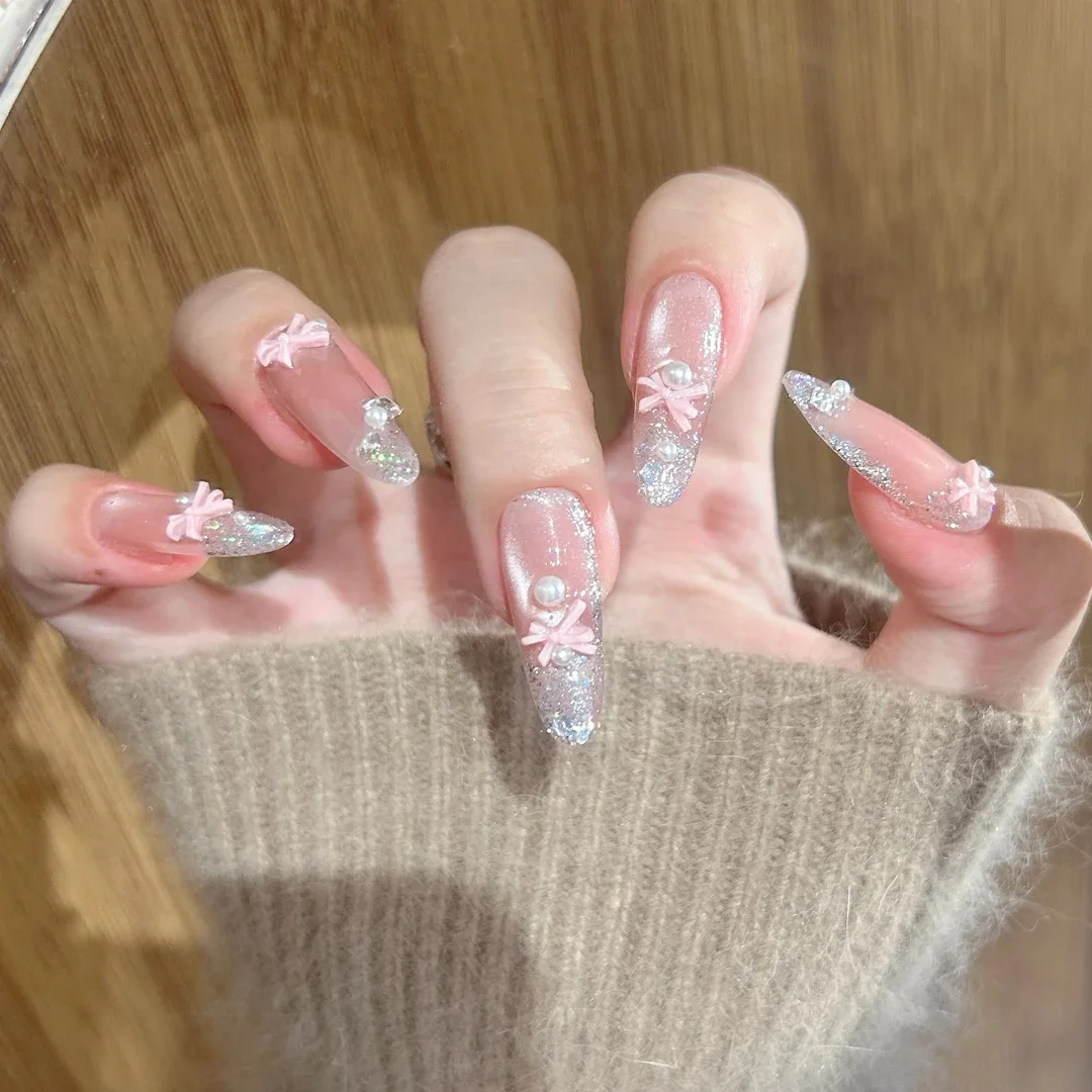 

10PCS Handmade Cute Pink Bow Press on Nails Long Almond Pink Fake Nails with Cat's eye Pearl False Nails for Women &Girls