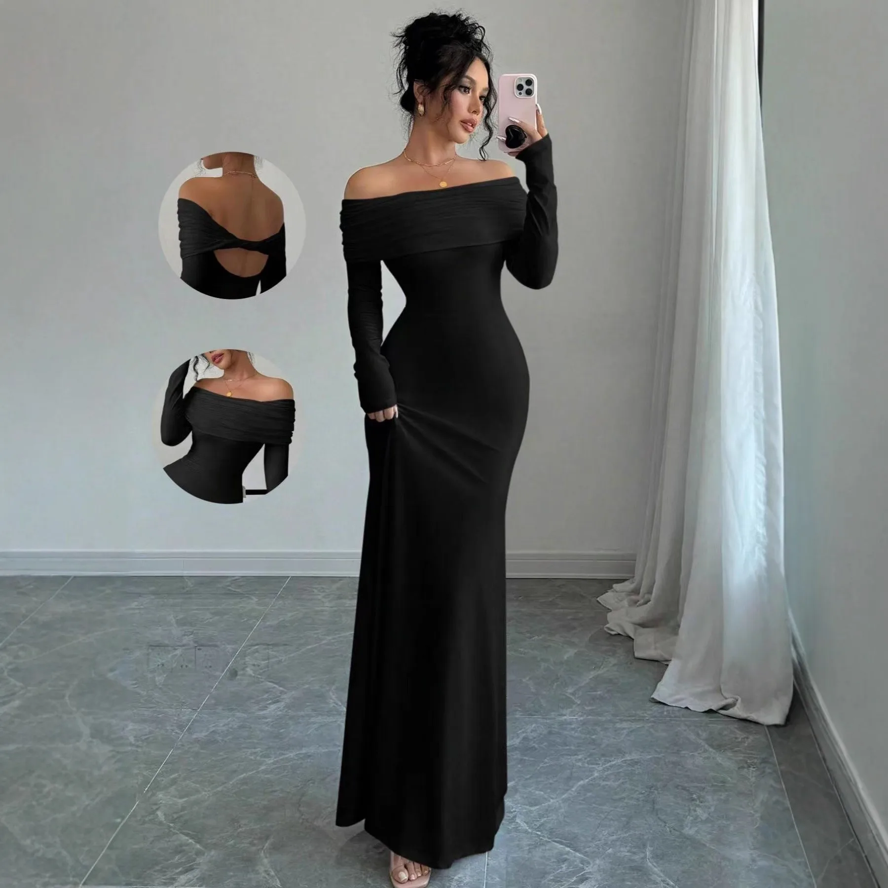 Women's Elegant Off Shoulder Long Sleeve Solid Color Long Dress for Wedding Guest Party Prom Wedding Party Guest Wedding