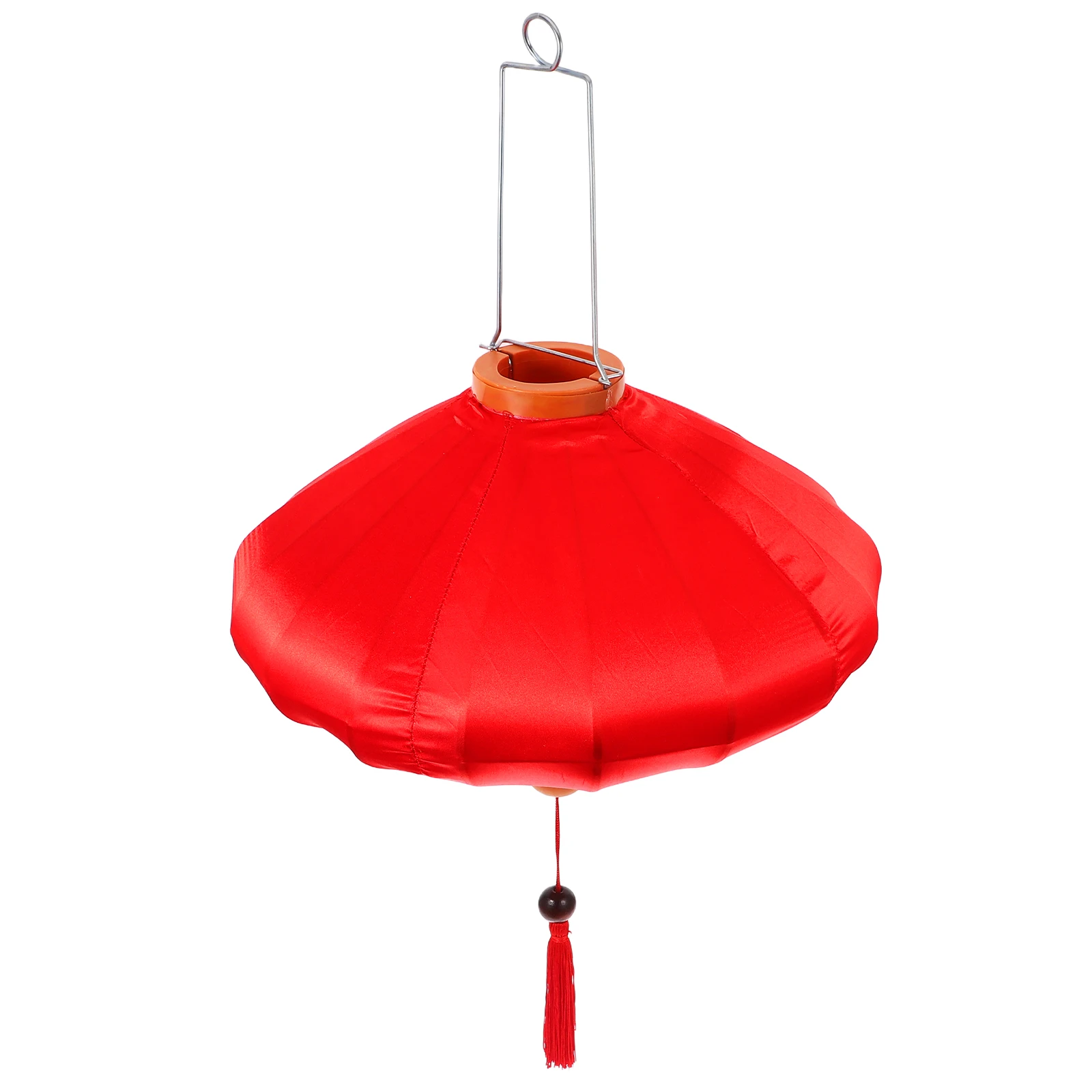 

Chinese Lantern Red Cloth Iron Wood Round Disc Shape Traditional Hangings Lanterns For Festive Atmosphere Party Decor