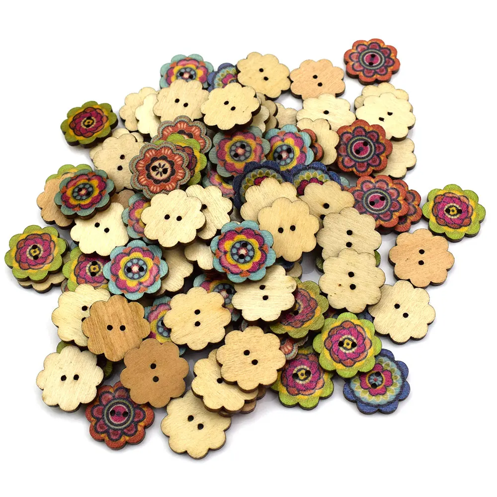 50PCS 20MM Flower Shape Wood Buttons For Clothing Sewing Accessories Wooden Crafts DIY Scrapbooking Home Decoration Supplies