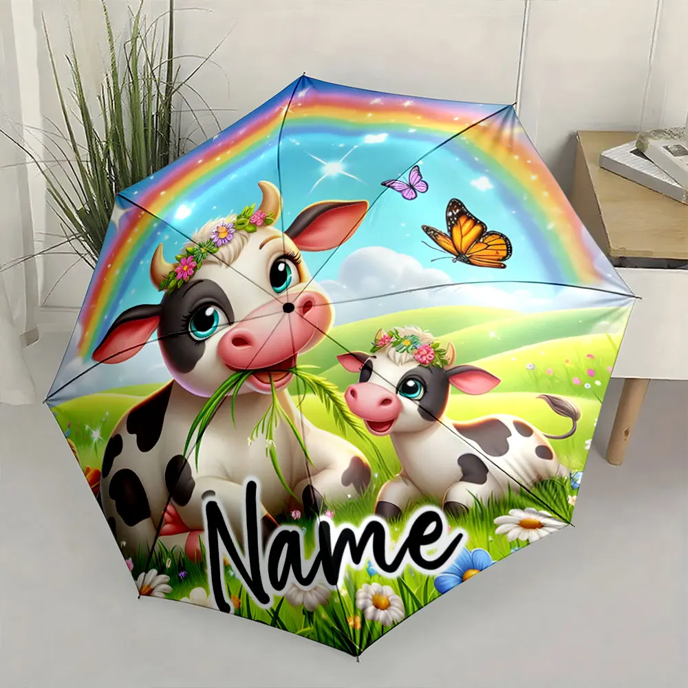 Custom Name  Colorful Cow-Themed Umbrella with Rainbow Design Print 8 Iron Ribs Folding Umbrella Auto-Open Fashion Sunshade
