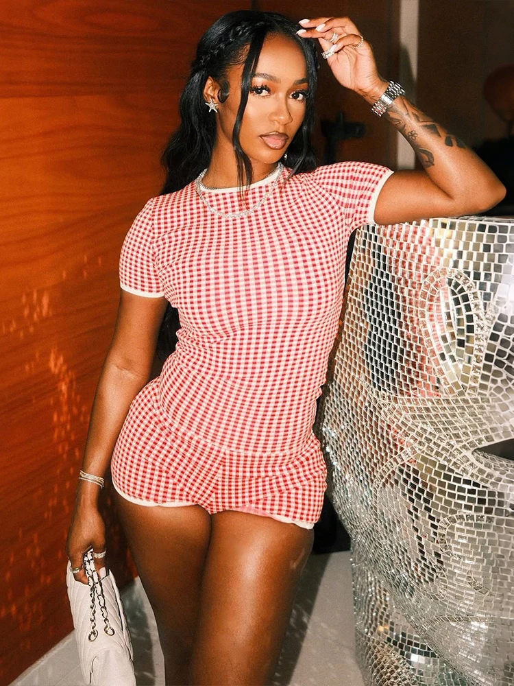 

Комплект из 2 предметов в клетку Kliou, женский летний модный комплект с футболкой с круглым вырезом и короткими рукавами + узкие мини-шорты, модные уличные стильные костюмы