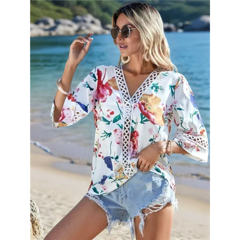 ASDS-3/4 Length Sleeve Womens Summer Trendy Bell Sleeve V-Neck Dressy Casual Ethnic Bohemian Print T-Shirt