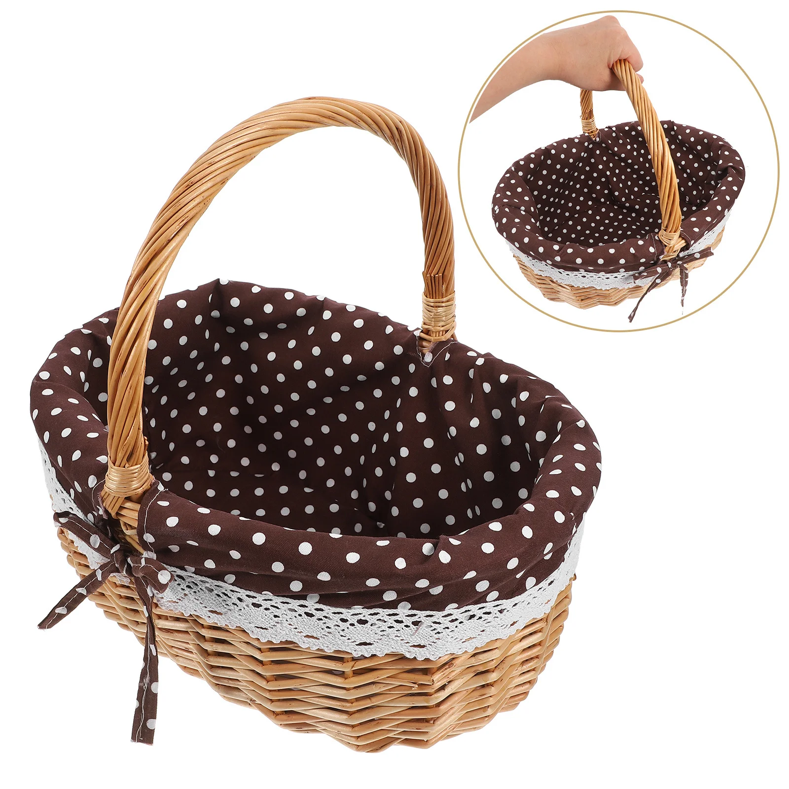 

Eco Friendly Hand Woven Wicker Basket with Removable Linen Liner Large Size Solid Base White Dot Design Great for Food Storage