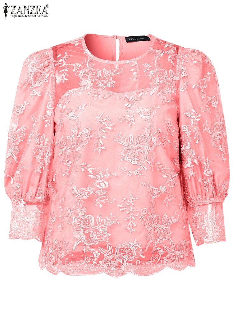

ZANZEA Summer Seethrough Lace Tops Women Casual Loose Tunics Vintage Blouse 2025 Summer Hollow Out 3/4 Puff Sleeve Blusas S-3XL