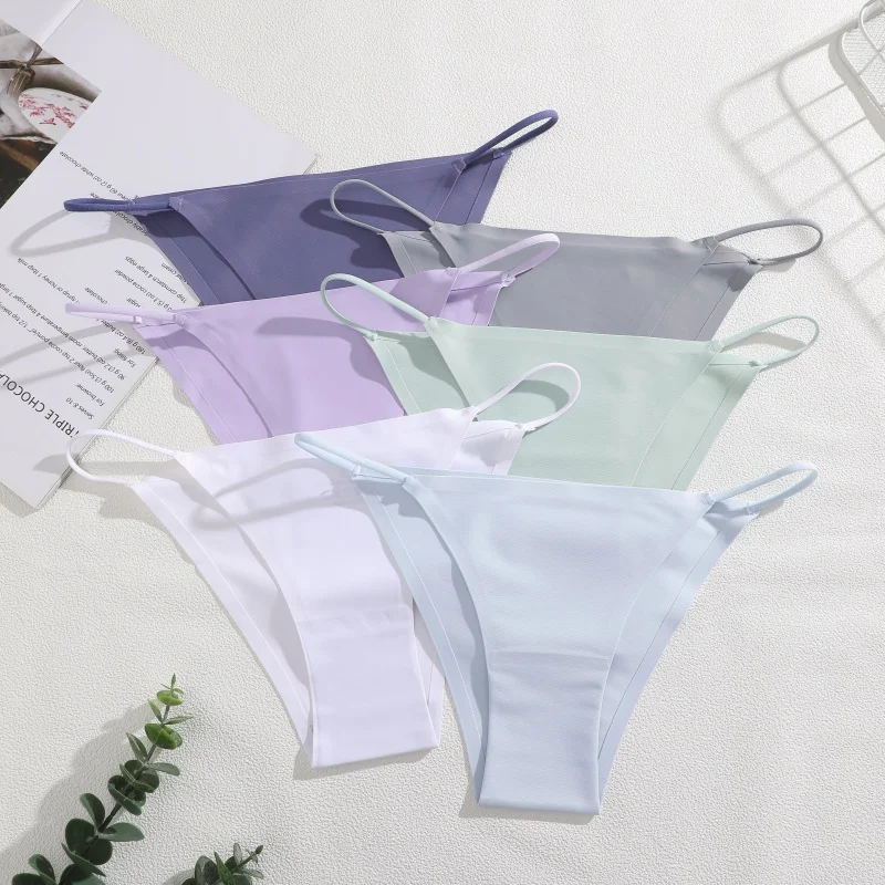 4PCS/Set Seamless Thin Strap Thong Underwear Women Low Rise Briefs Ice Silk Comfortable Panties Multi Color No Trace Lingerie