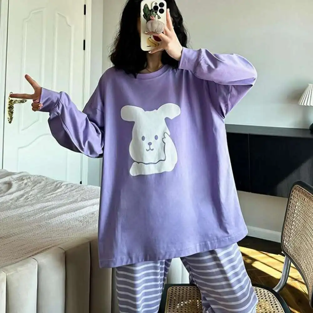 Plus Size 5XL 150KG Autumn Pajamas Set Women Cartoon Sleepwear O Neck Long Sleeve Women Nightwear Pajamas Set