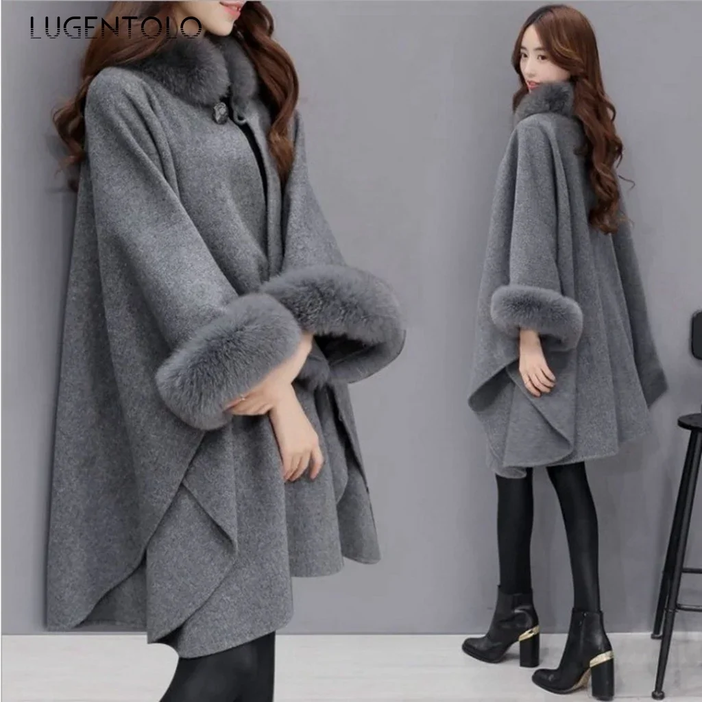 

Korean Cape Women Autumn Winter Solid Elegant Fur Collar Coat Female Casual Loose Ponchos Street Temperament Jackets