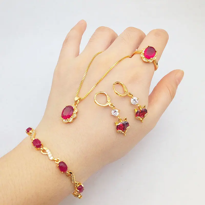 Like real  New Plated Droplet Bracelet With Red Zircon And Versatile Vietnamese Sand Gold Jewelry Set