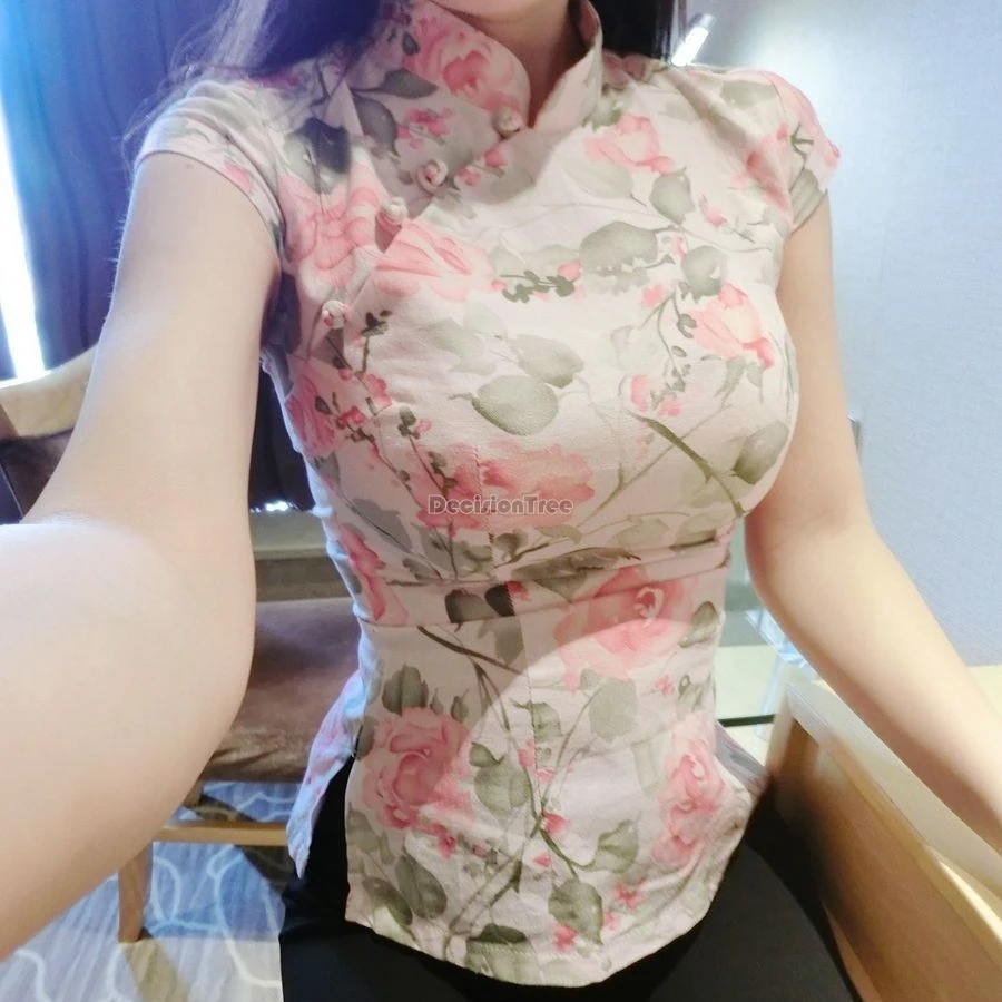 

2025 chinese improved retro style gentle summer hanfu tang suit blouse daily fashion retro printed short sleeve cheongsam top