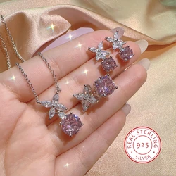 Fashion Geometric Square Pink Zircon Ring European American Style Style Four-leaf Clover Jewelry Set 925 Silver High-end Jewelry