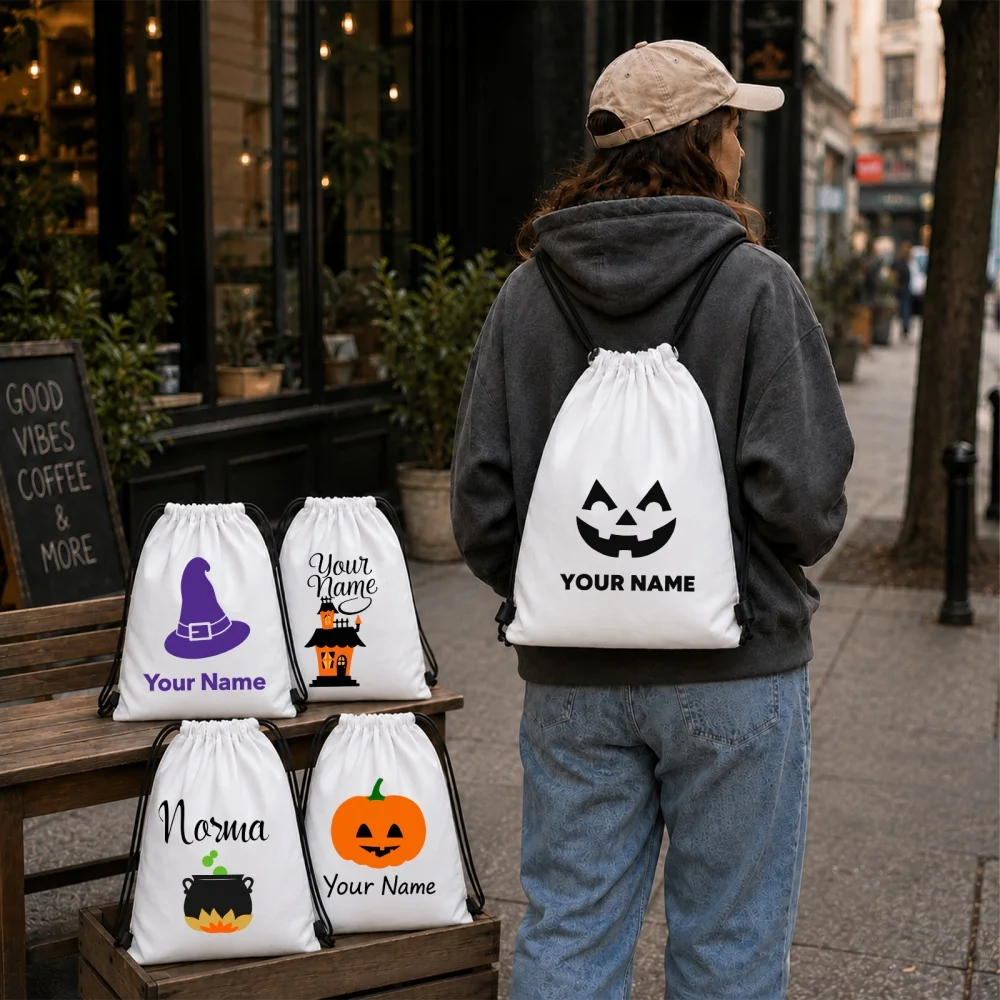 Personalized Lantern Drawstring Backpack Custom Name Kids Halloween Candy Bag Children Trick Or Treat Sack Halloween Storage Bag