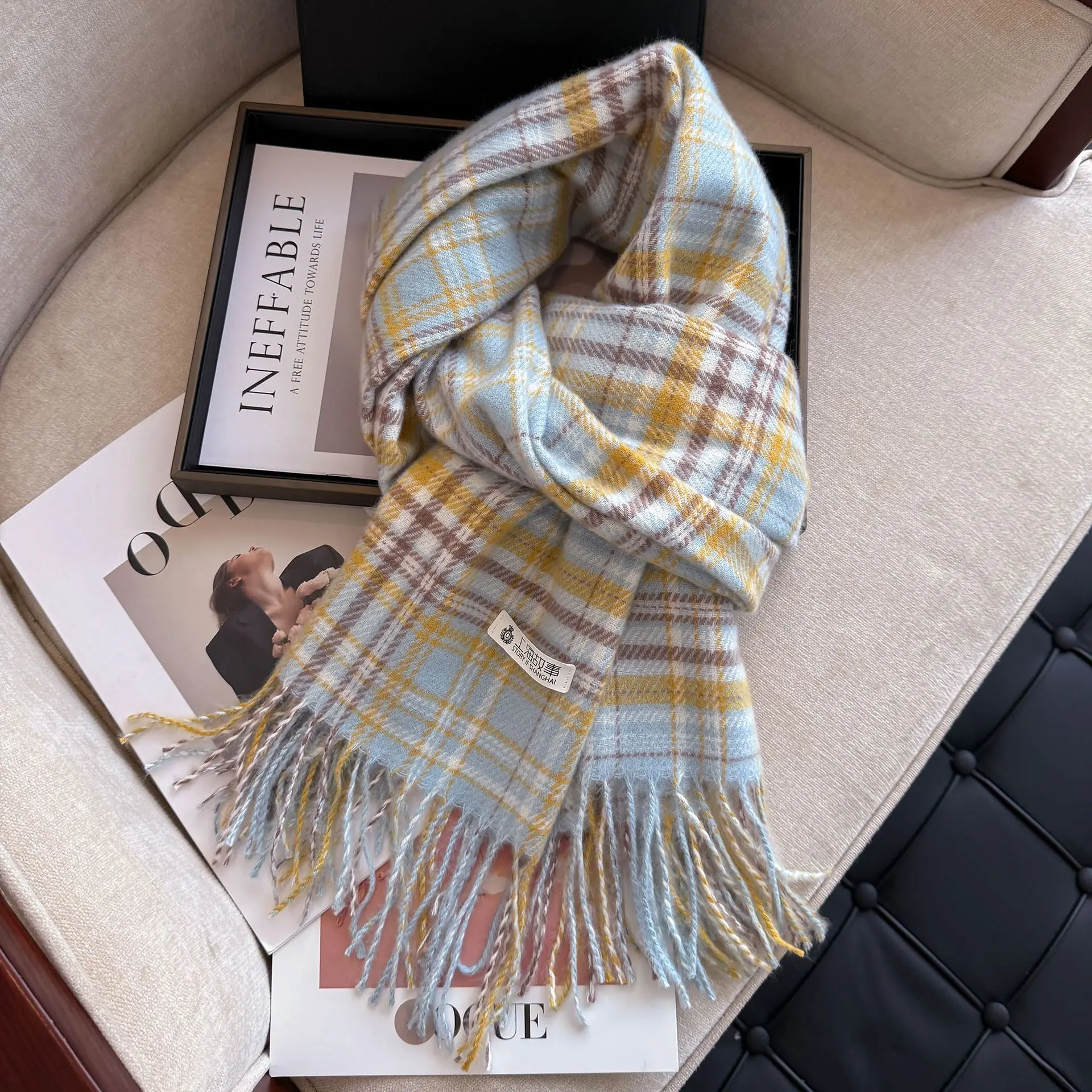 

2025winter new style sweet girl plaid imitation cashmere women's scarf warmAnd thick with fringed couple scarf as an outer layer