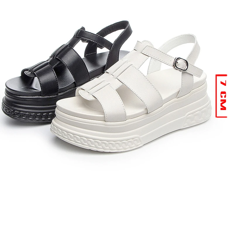 Fujin Genuine Leather 7cm Platform Sandals Wedge Shoes Summer for Women Open Toe Sandals Beach Shoes Summer Women Fashion Slide