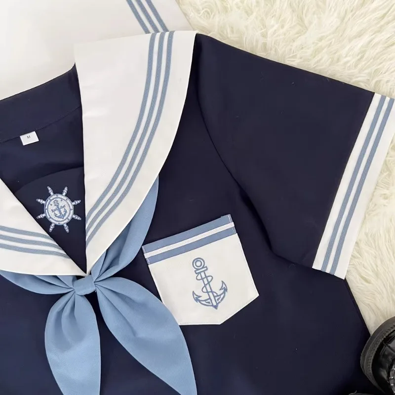 2024 New Japanese JK Uniform Sailor Collar Suit Preppy Style Summer Cute Dark Blue Long And Short Sleeve Top Skirt Bow Set Girls