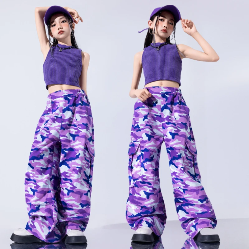 

Jazz Dance Costume for Girls Fashion Sleeveless Knit Vest Camouflage Pants Outfits School Teens Kids Group Dance Performance Set