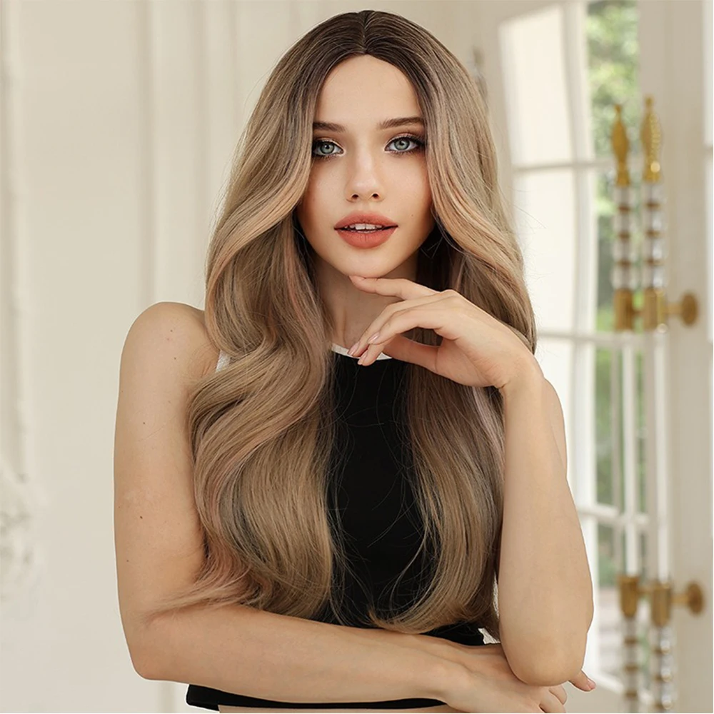 

gradient brown Natural Synthetic Wig Wavy Middle Parting long curly hair for Women Daily Party High-density wig Heat Resistant