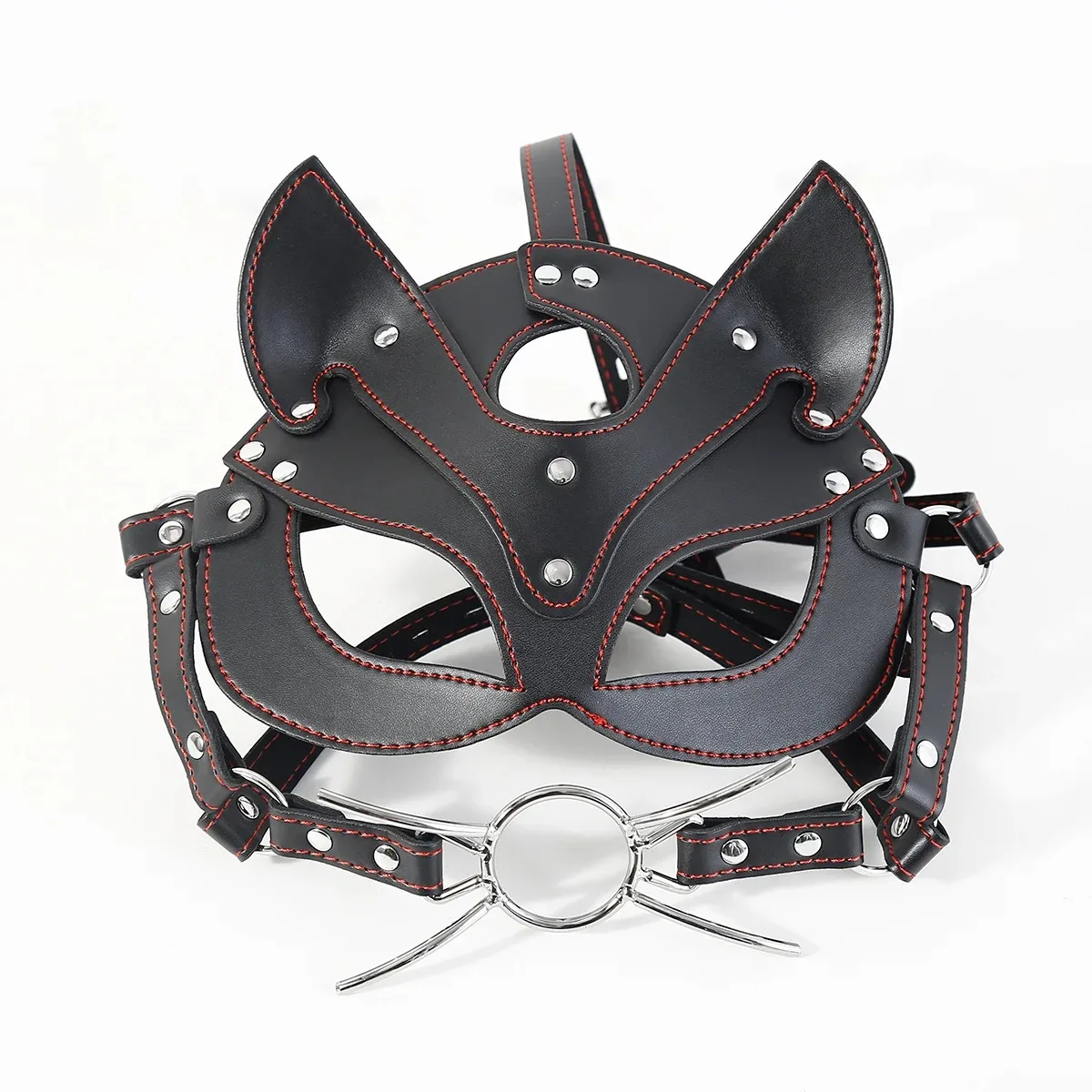 Black Leather Cat Mask Open Ring Mouth Gag Harness BDSM Bondage Couple Oral Erotic Adult Toy 18+