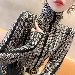 Women Slim Classic Vintage Jacquard Turtleneck Sweaters Spring New Long Sleeve Knitted Fashion Elastic Pullovers Female Top