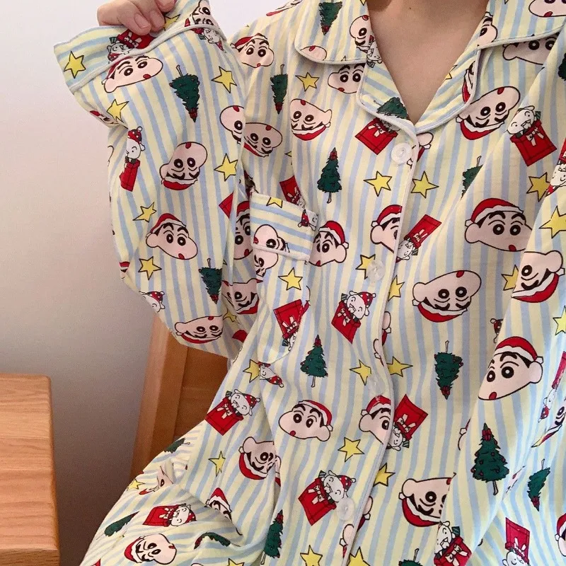 Cartoon Anime Cute Crayon Shin chan Cotton Pajamas Couple Spring and Autumn Long sleeved Pants Men and Women Home Clothes Set