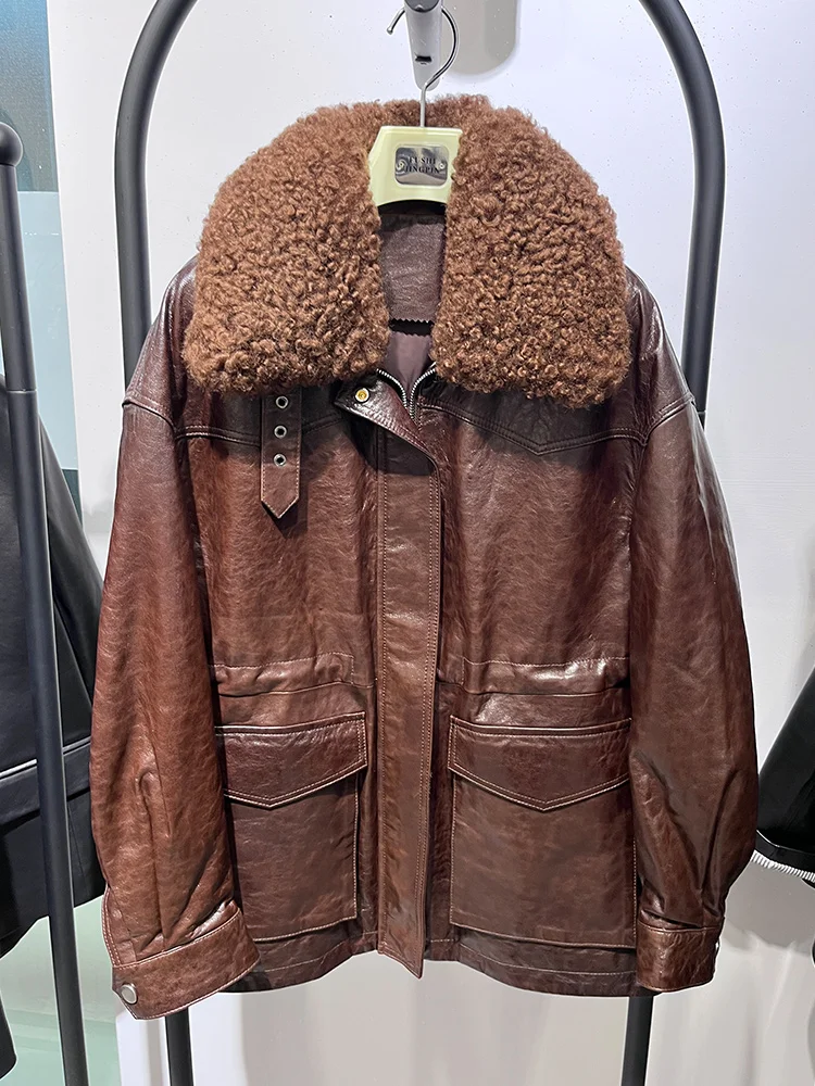 المرأة الدافئة أوزة أسفل سترة جلد الغنم الحقيقي سترة الطبيعية ميرينو الأغنام الفراء طوق معطف فاخر سترة منفوخة #1