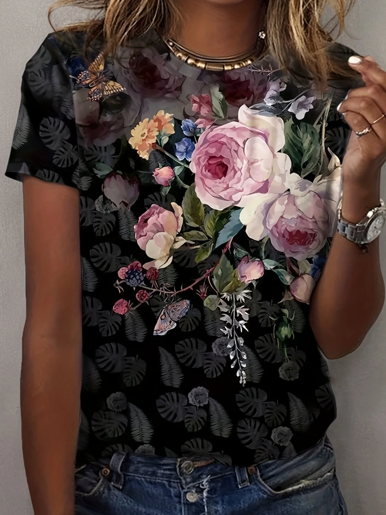 

T-shirt Women's Summer Casual Round Neck Short Sleeve Floral Pattern Top Loose Casual Wear Ladies T-shirt Mother's Day Gift