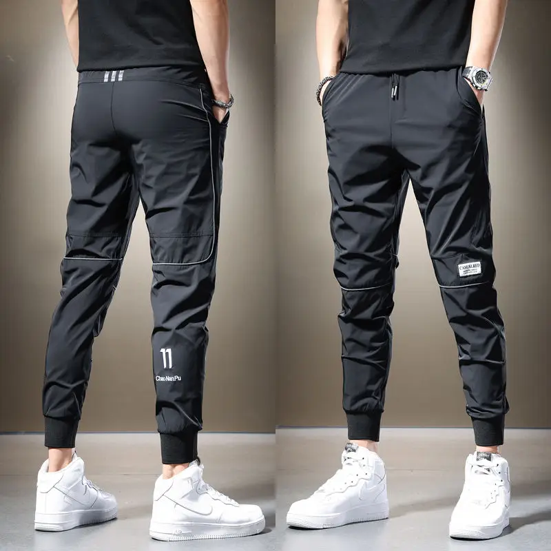 Summer 2023 Men's Casual Pants Black Grey Drawstring Joggers Lightweight Breathable Quick Dry Trousers Ice Silk Sportswear Man