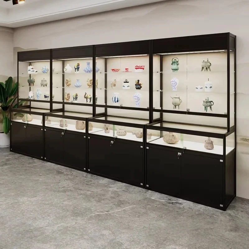 custom.Multi-Layer Glass Door Floor Standing Display Stand LED Lighting Museum Shopping Mall Use Heavy Duty