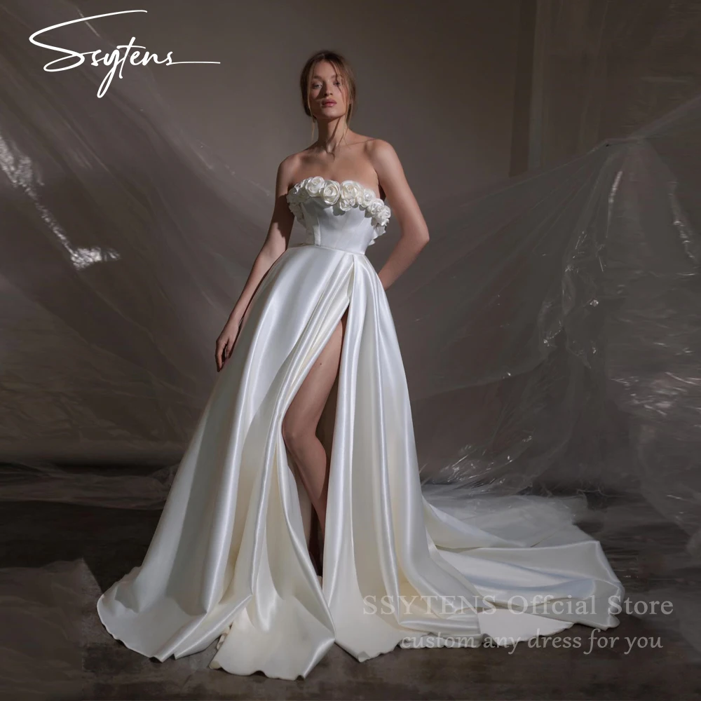 

SSYTENS High Quality Italian Wedding Dress Flowers Long A Line High Slit Vestido Femininos Lace Up Back Bridal Gowns Customized