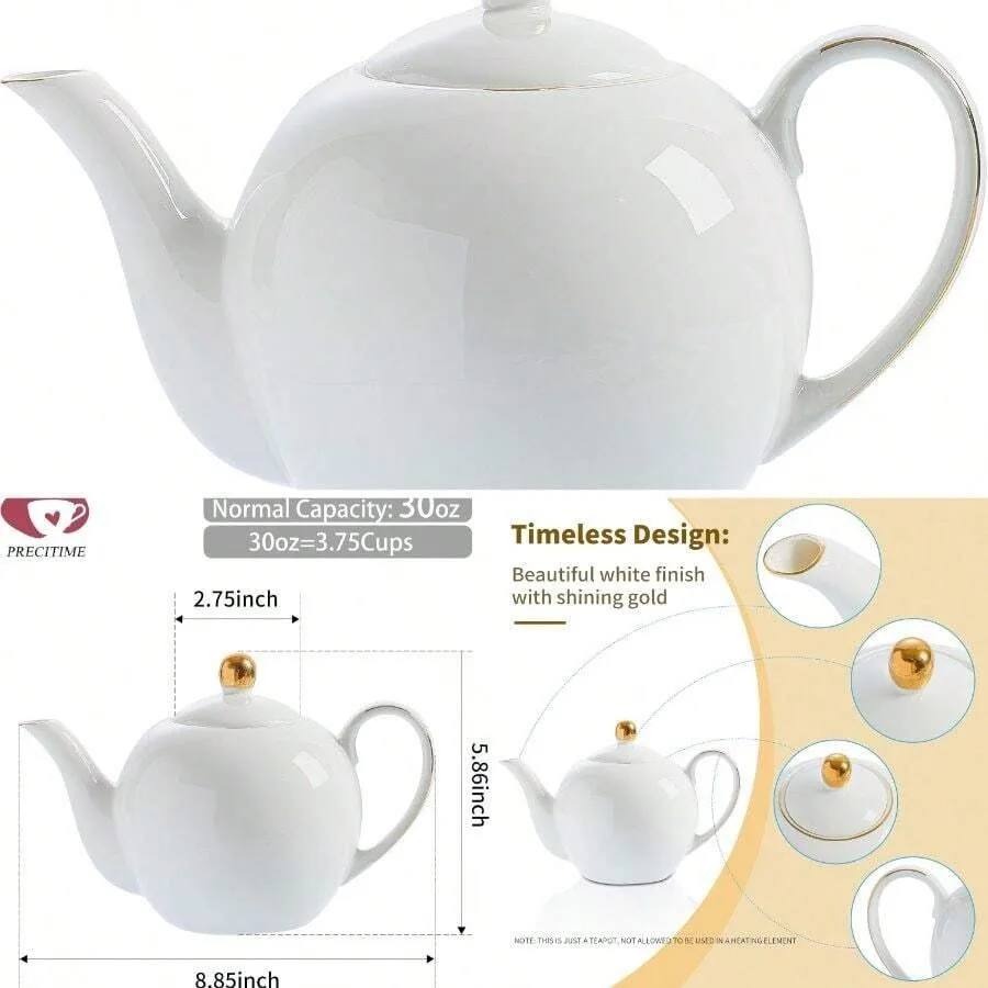 

30oz White Porcelain Teapot, Classic Design Tea Pot With Gold Trim, Beautiful White Teapots Loose Leaf Tea And Tea Bags, Tea Pa