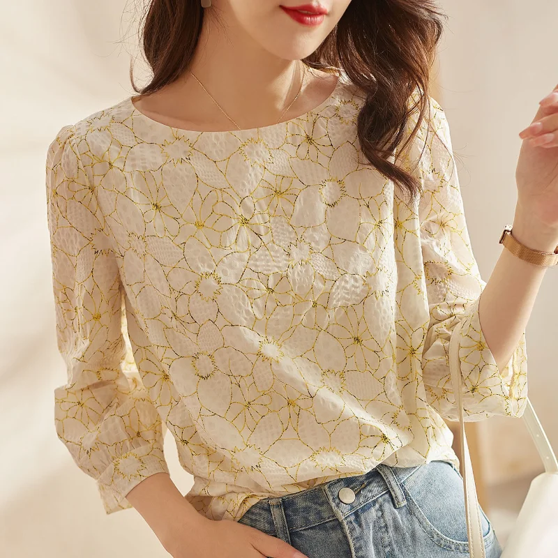 Temperament 3/4 Sleeve Loose Tops Tees Summer New O-neck Printing Lace Patchwork Office T Shirts Vintage Elegant Women Clothing