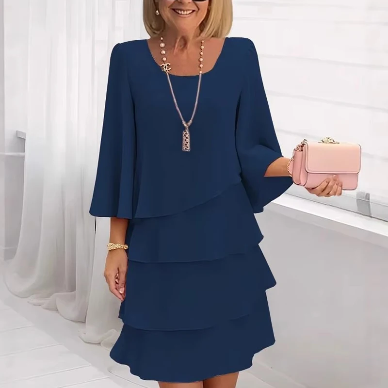 

Однотонное многослойное платье с оборками и вставками, свободного кроя, с рукавом средней длины, U-образным вырезом, элегантное, для торжественных случаев, летнее, новинка