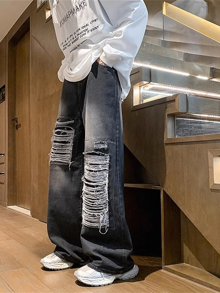 

Мужские джинсы с имитацией рваных элементов, весна-осень, американский ретро-стиль, широкие прямые брюки CleanFit, модные, с низкой посадкой