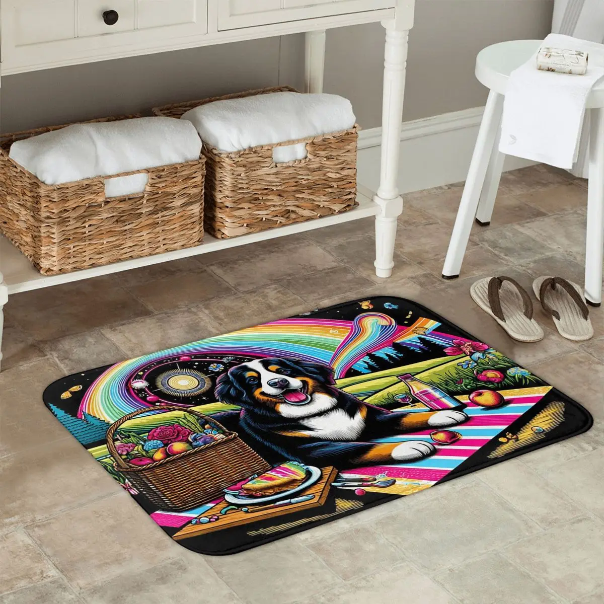 

Пикник под звездным небом Бернский горный собака Нескользящий коврик для двери Напольный коврик Ковер для кухни Вход Домашние коврики для ног
