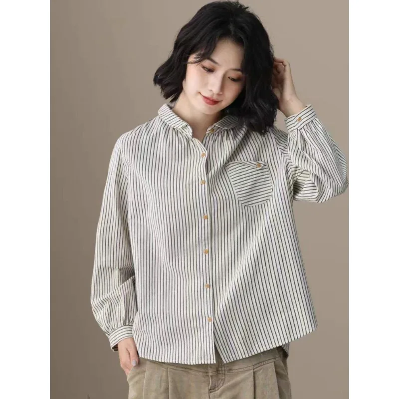 

Women's Casual Button Down Shirt Striped Long Sleeve Loose Fit Collared Pocketed Tops