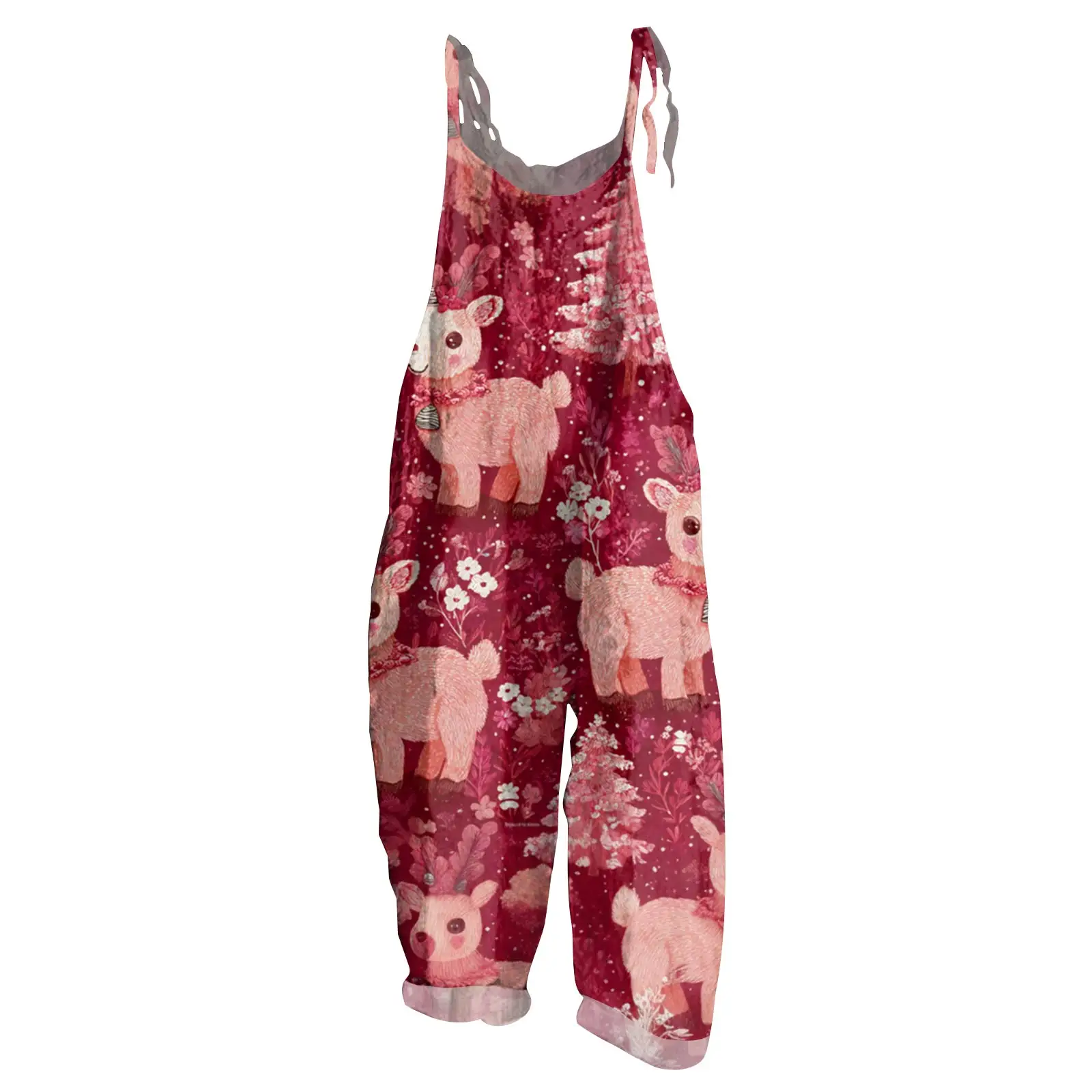 

2025 Hot Selling Pretty Solid Color Wide Leg Long Pants Fashion Loose Vintage Bib Trousers Christmas Print Jumpsuit Clothing