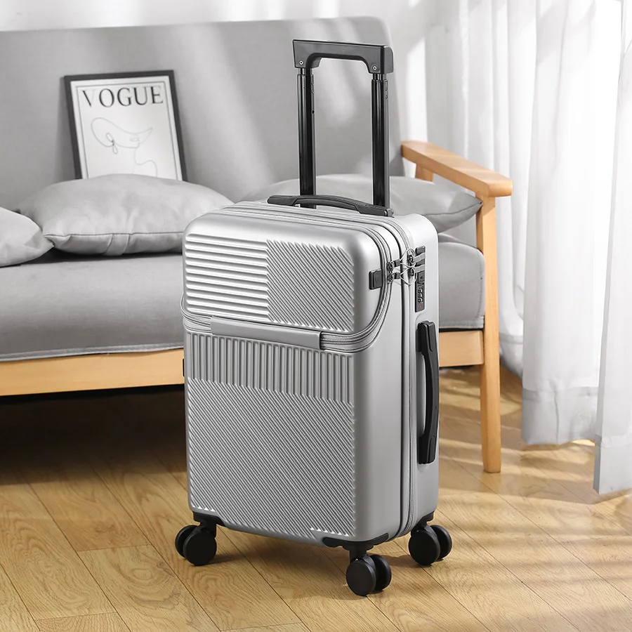 

Modern Front Opening Expandable Luggage 20/22/24/26 Inch Carry On Cabin Spinner Wheels Hard Shell Suitcase in Sliver