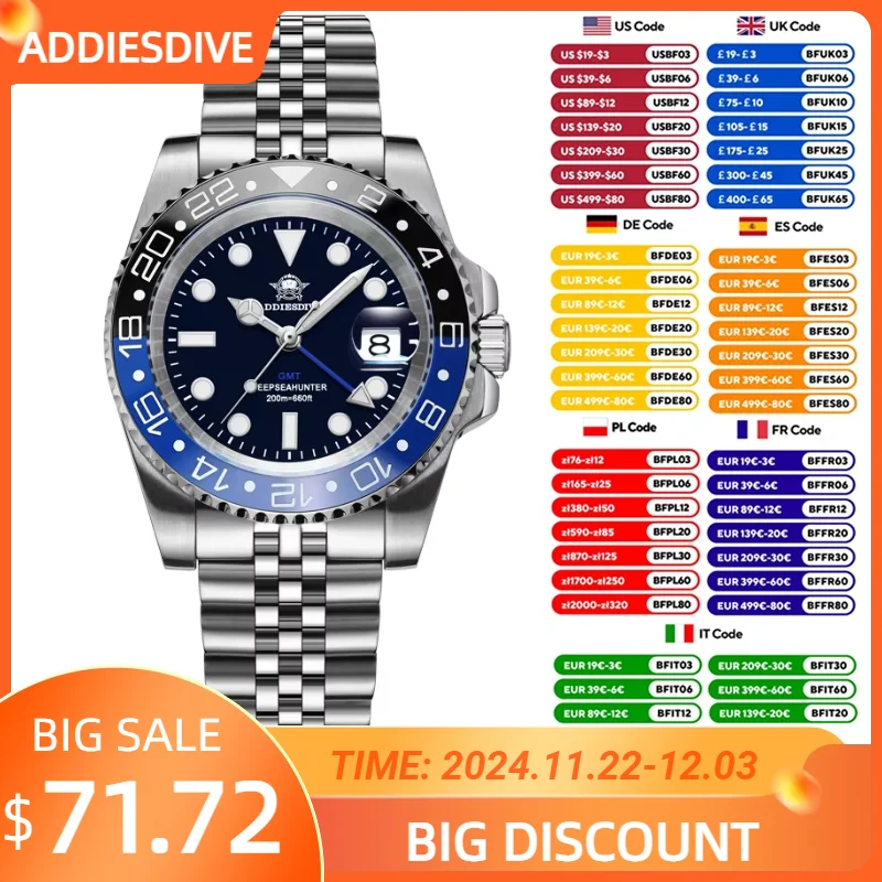 ADDIESDIVE New GMT Movement Quartz Watches Stainless Steel BGW9 Luminous 20Bar Waterproof Diver Watch For Man relogios masculino