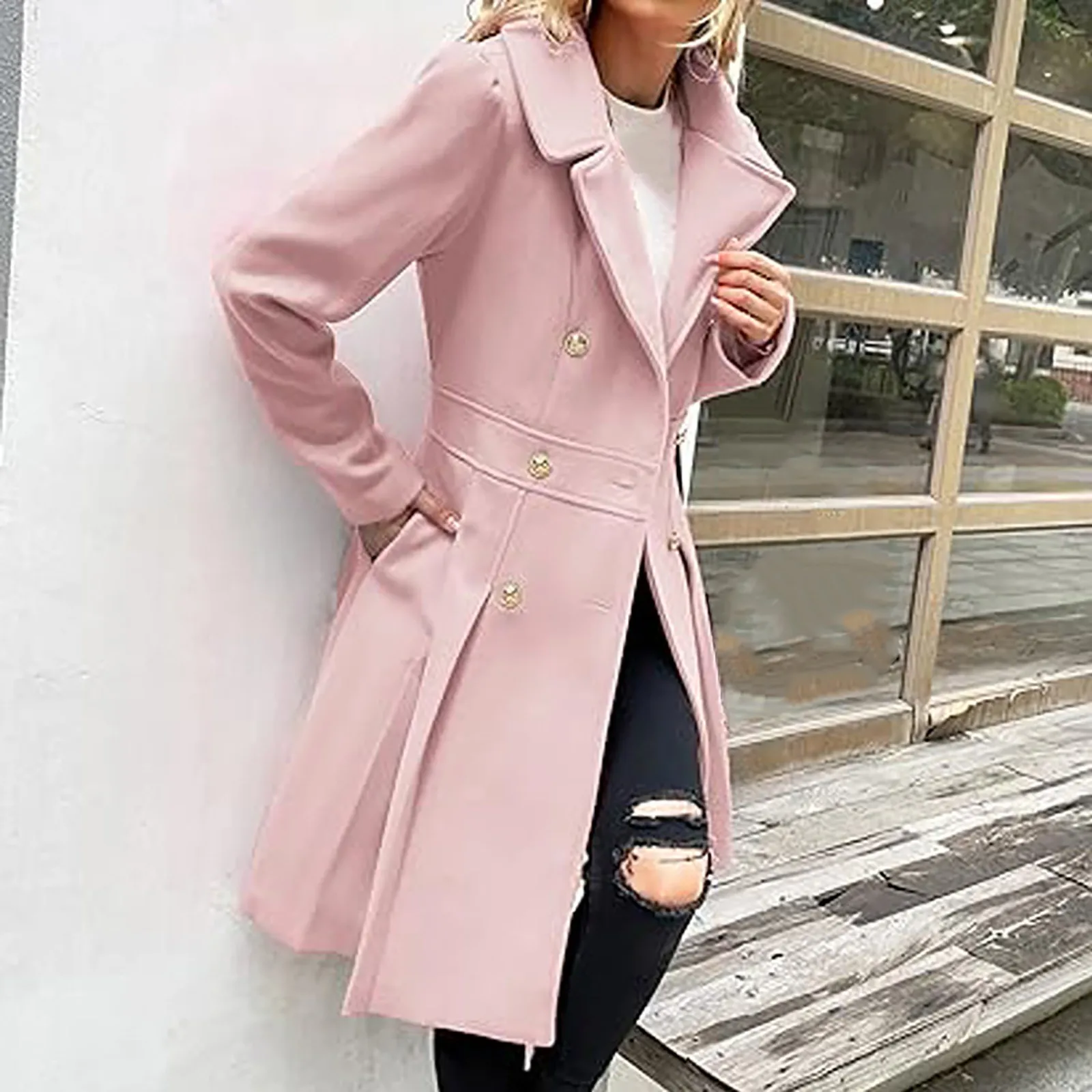 Pleated Casual Slim Elegant Windbreak Fall/Winter Lapel Double Breasted A Line Coat Women Pockets Warm Solid Color Wool Coat