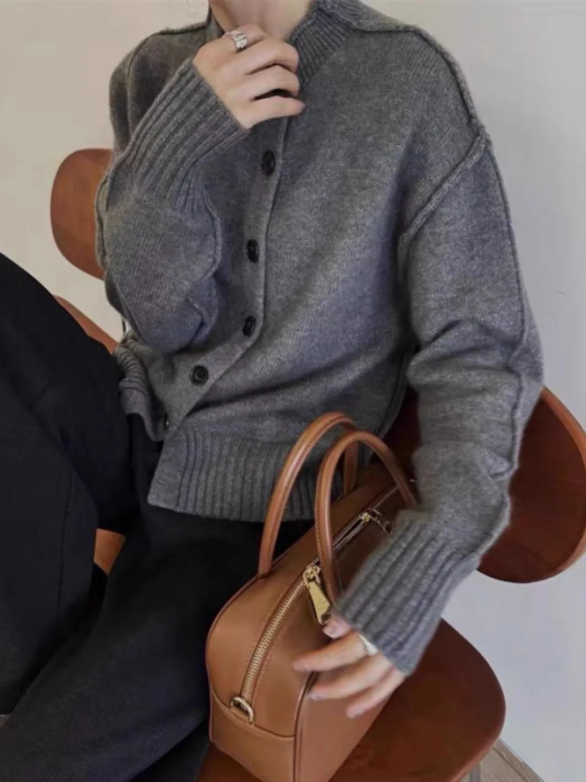 Temperamento 100 colletto alla coreana cardigan in maglia di puro cashmere donna autunno e inverno maglione spesso allentato pigro cappotto di lana