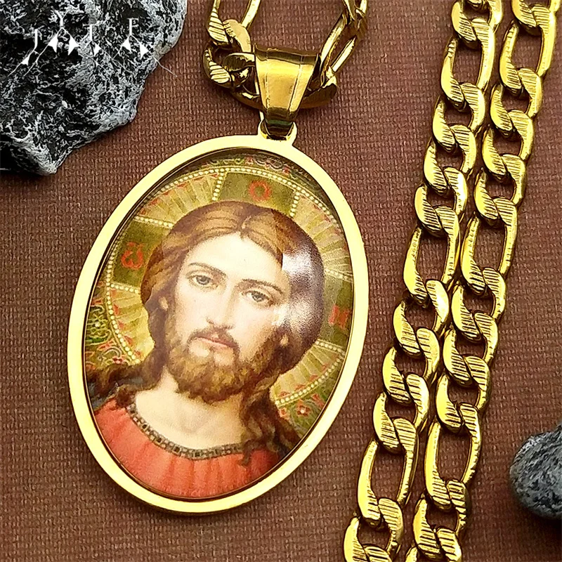 

Stainless Steel Jesus Cross Glass Medal Pendant Necklace for Women Men Gold Color Christian Chain Necklaces Amulet Jewelry