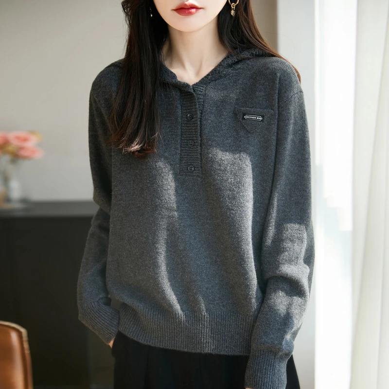 

Модный женский свитер с капюшоном, новый Джокер, плотный хлопок, флис, пуговицы, v-образный вырез, осенне-зимний трикотаж, свободное уличное пальто, повседневные топы