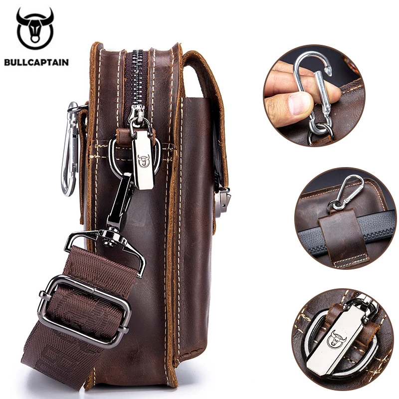 BULLCAPTAIN Crazy Horse Leather Male Waist Pack Phone Pouch Bags Waist Bag Men\'s Small Chest Shoulder Belt Bag Back Pack YB075