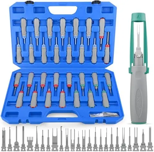 

Набор инструментов JRready Master Kit для снятия контактов разъемов TE, Deutsch, AMP, Molex, Delphi, JPT, Anderson, Harting – 30 инструментов + 25 насадок