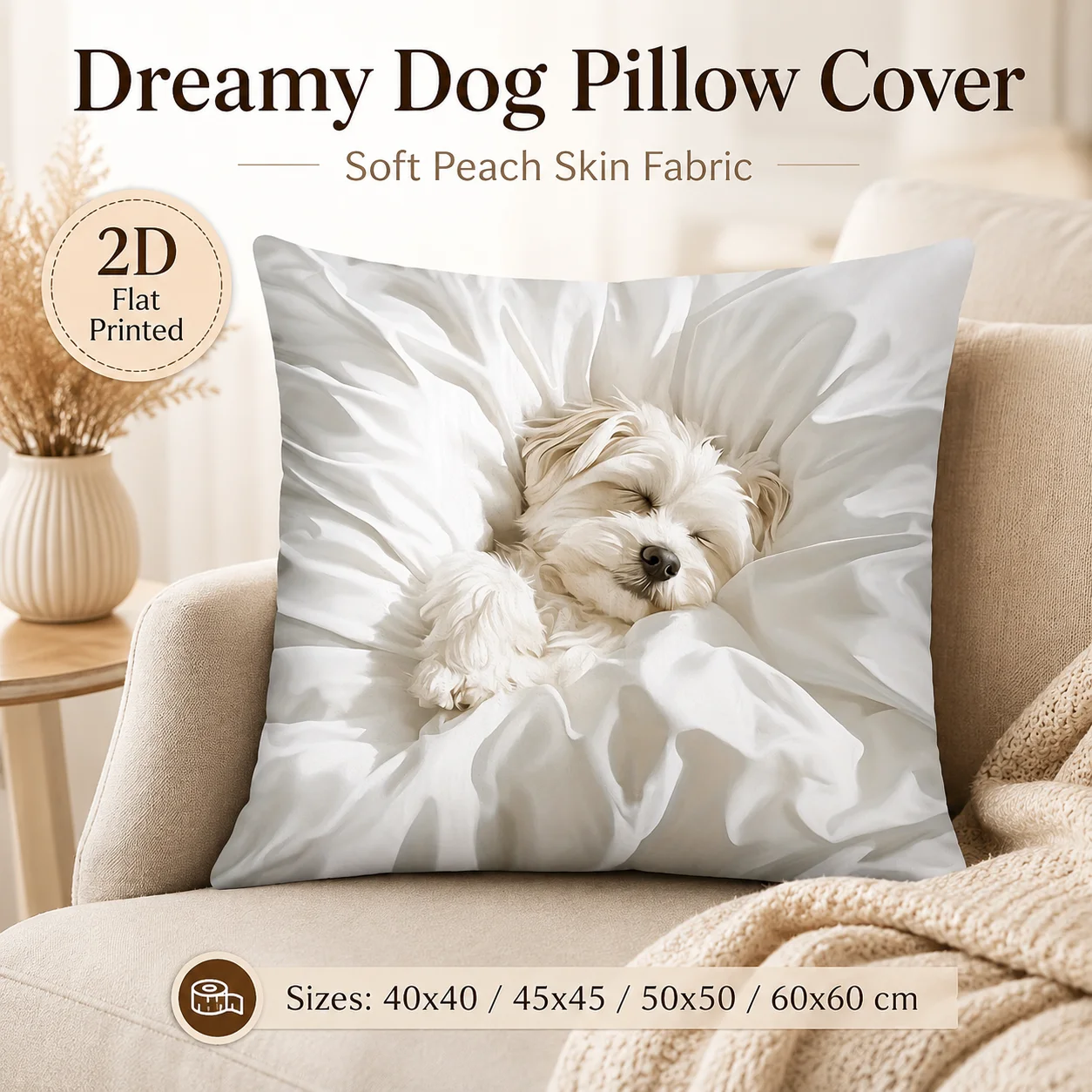 Dreamy Dog Pillowcase Peach Skin 2D Flat Printed Cushion Cover Cute White Maltese Sleeping Puppy Throw Pillow Case Sofa Decor
