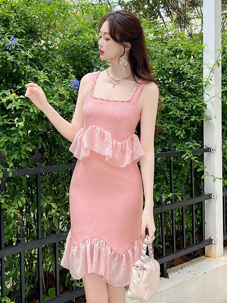 جديد الصيف وهمية 2 قطعة الوردي الحلو الفاخرة سباركلي مساء اللباس ملابس حريمي كشكش مثير حبال سليم حفلة موسيقية Vestidos Fiesta #5