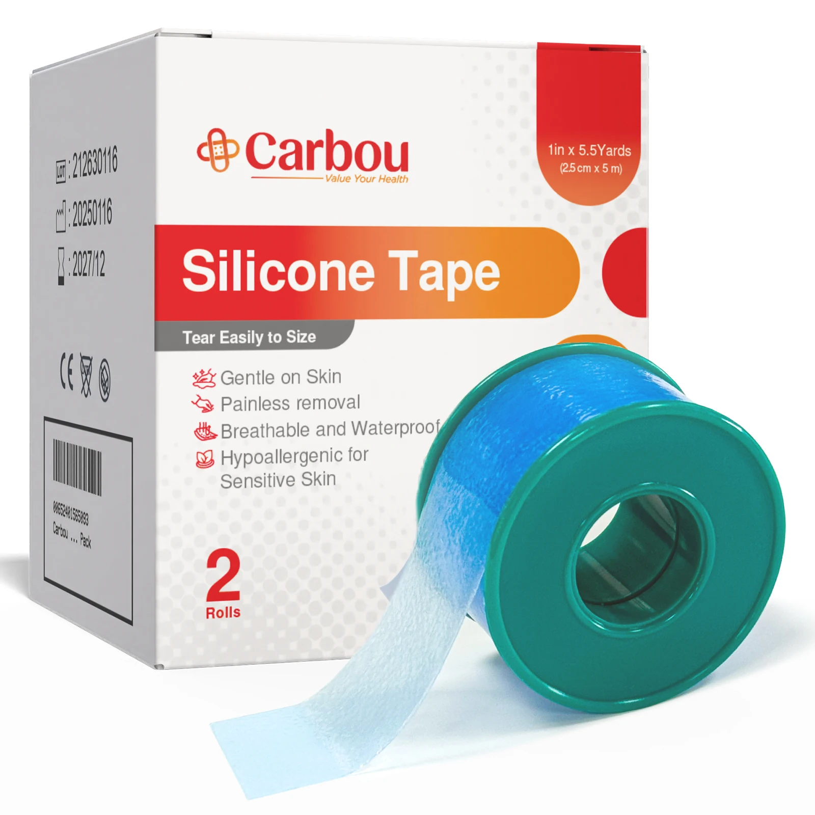 Carbou Soft Silicone Tape 1' X 5.46 Yards, 2/3 Rolls Breathable Waterproof Silicone Medical Tape for Sensitive Skin