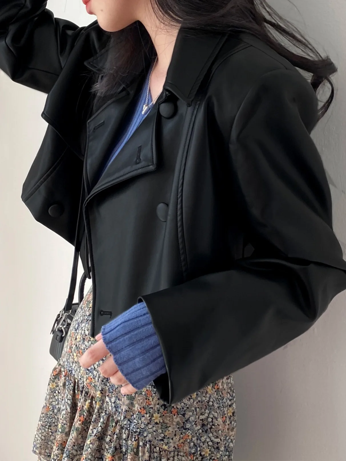 Chic ort PU cuero Jaet mujer Biker Sle abrigo doble fila botones cuello Patchwork otoño Faion señoras prendas de punto