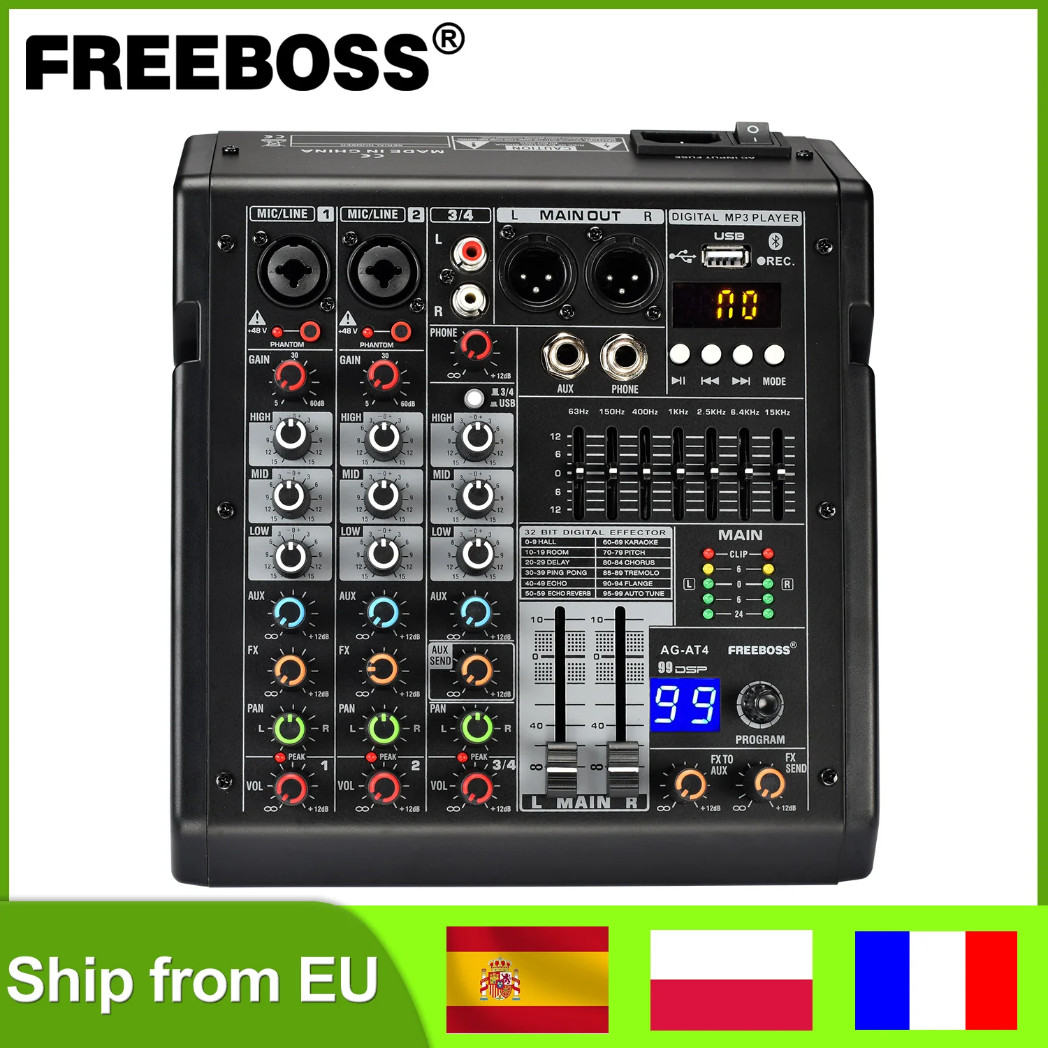 Freeboss 4 Channel Mixing Console 99 DSP Effect USB Play PC Record Bluetooth Audio Sound Mixer Home Party 48V Mix Table  AG-AT4