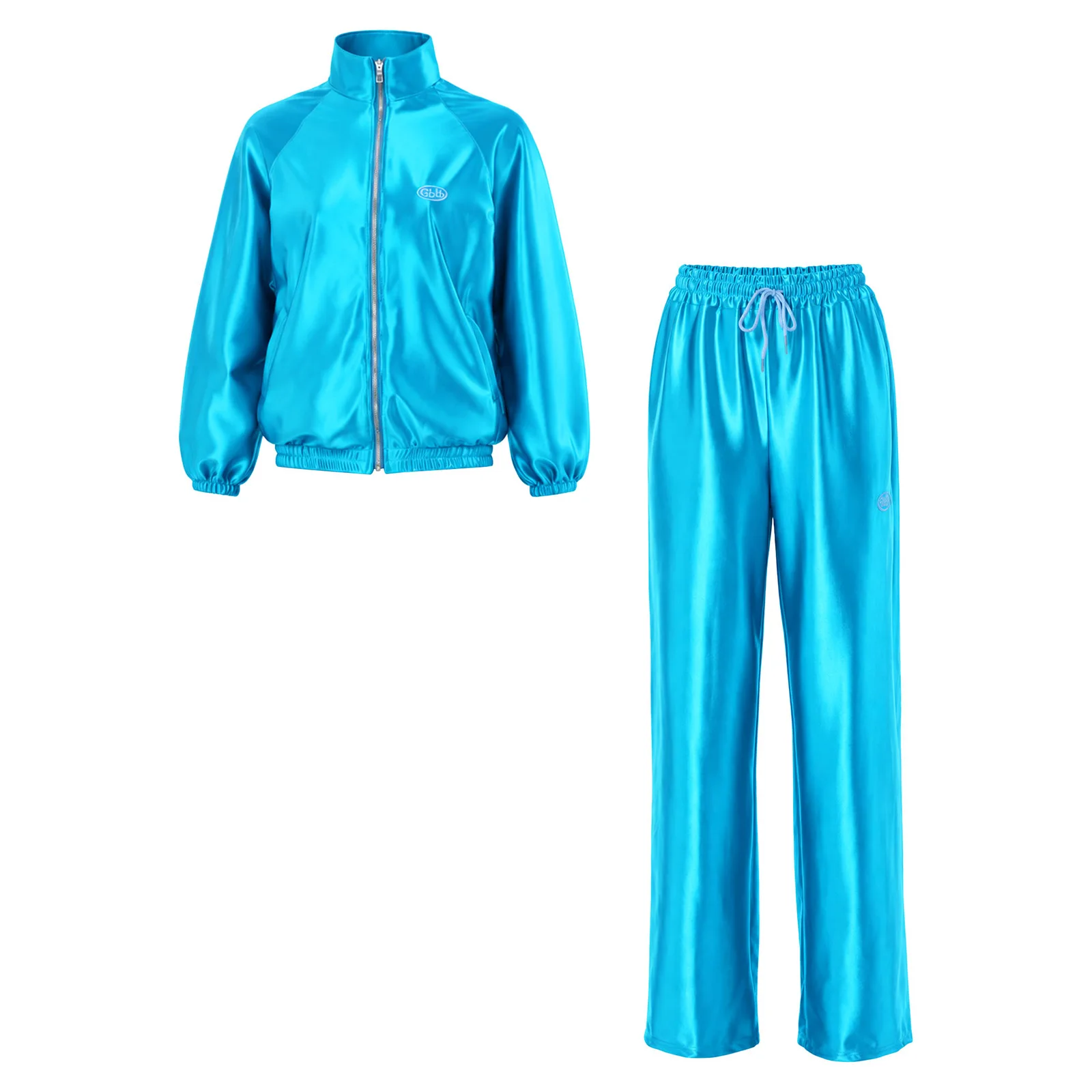 Women Satin Tracksuit Stand Collar Long Sleeve Zipper Oversized Sweatshirt Jacket And Wide Leg Pants with Pockets Sports Outfit